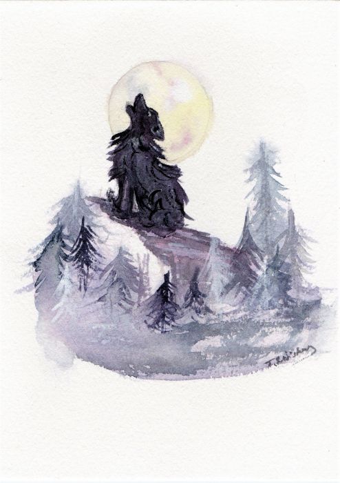 Dark woods, bright moon and howling wolf by Julie Rabischung